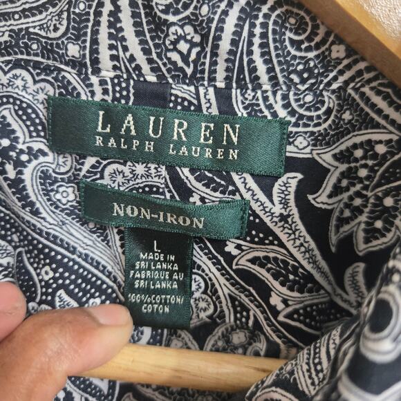 Lauren Ralph Lauren Women Boho Chic Black White Paisley Non-Iron Button-Up Top L - Picture 8 of 11